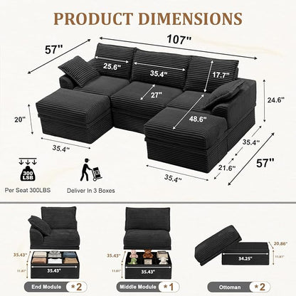 Upgrade Boneless Couch with Storage, Extra Deep&High Seat Modular Sectional Sofa 3 Seater U Shaped Cloud Couch with Ottoman, Tool-Free Assembly Sectional Couches for Living Room
