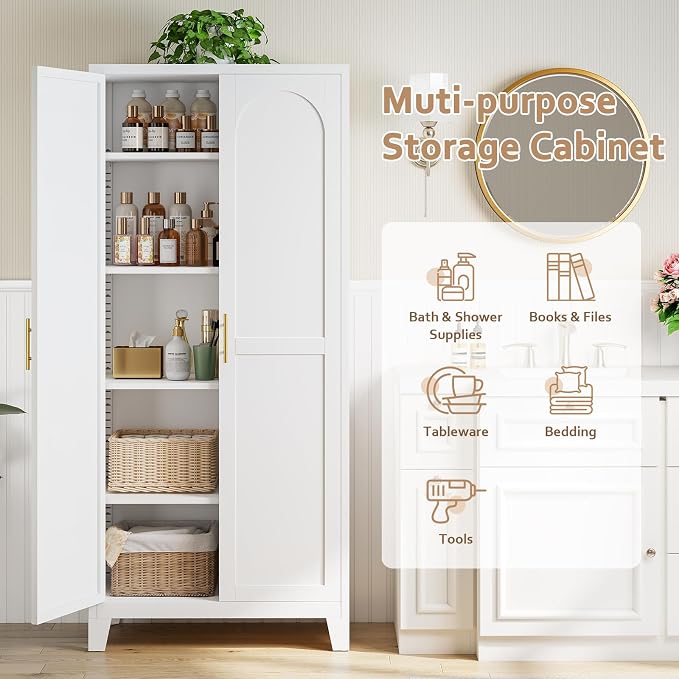 Zevemomo 71'' Tall Metal Pantry Cabinet with 2 Doors, Freestanding Kitchen Storage Cabinet with 4 Adjustable Shelves, Steel Cupboard for Kitchen, Pantry, Dining Room, Living Room, Bathroom, White