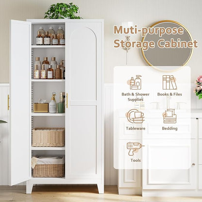 Zevemomo 71'' Tall Metal Pantry Cabinet with 2 Doors, Freestanding Kitchen Storage Cabinet with 4 Adjustable Shelves, Steel Cupboard for Kitchen, Pantry, Dining Room, Living Room, Bathroom, White