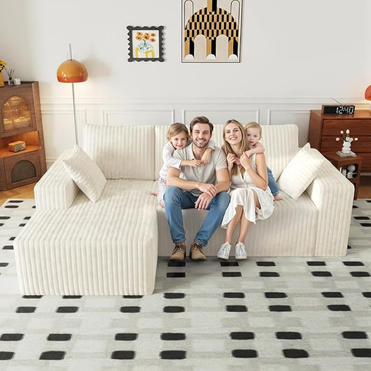 Cloud Boneless Sectional Cream Couches with Oversized Chaise for Living Room, Modular L Shaped Couch with Deep Seat, Memory Foam Compressed 3 Seater Sofa for Apartment