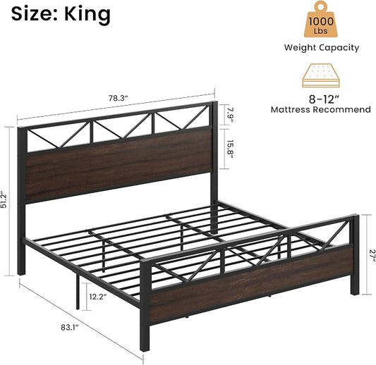 LIKIMIO King Bed Frame, Tall Industrial Headboard 51.2 ", Platform Bed Frame with Strong Metal Support, Solid and Stable, Noise Free, No Box Spring Needed, Easy Assembly, Dark Brown