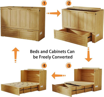 Murphy Bed Full Size: Oak 2 in 1 Murphy Bed Cabinet with Drawer, Wood Cabinet Bed with Charging Station, Modern Hidden Beds for Small Spaces