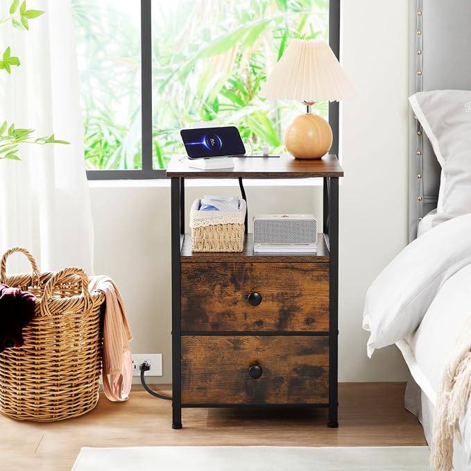 AMHANCIBLE Nightstands Set of 2, Night Stand with Charging Station, Small Bedside Table with 2 Fabric Drawers, End Tables Living Room with USB C Ports for Bedroom, Rustic Brown HET05XBR