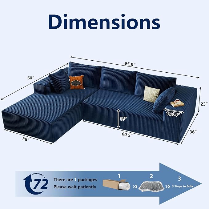 96" Modular Sectional Sofa, Modern Corduroy Cloud Couch with Deep Seat, Boneless Couch Upholstered 3-Seater L-Shaped Sofa for Living Room, No Assembly Required (Blue, Left-Facing Chaise)