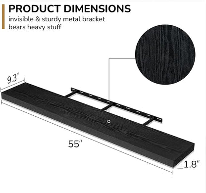 Fun Memories 55 Inch Floating Shelves - 9 Inch Deep Rustic Wooden Wall Shelves - Extra Deeper & Thicker Wall Mounted Storage Shelf for Living Room Kitchen Farmhouse - Rustic Black