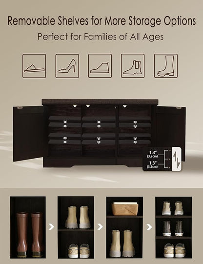 DINZI LVJ Shoe Bench, Entryway Storage Bench with Doors, Cushion, 3-Tier Shoe Rack with 9-Cubby, 39.4" L x 13.8" W Shoe Organizer Cabinet, Fully Adjustable Shelves, Living Room, Bedroom, Espresso