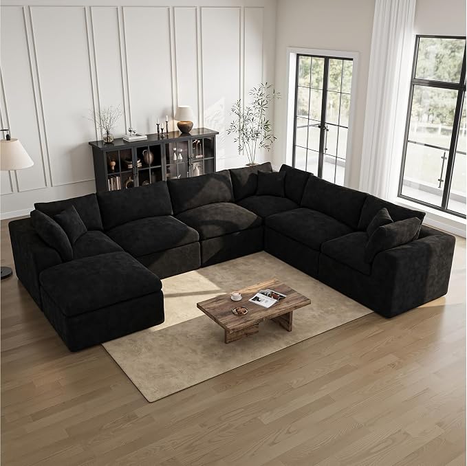 Cloud Sectional Couches for Living Room | 7 Seater U-Shaped Boneless Couch with Ottoman | Black Modular Sectionals Sofa Couch