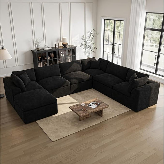 Cloud Sectional Couches for Living Room | 7 Seater U-Shaped Boneless Couch with Ottoman | Black Modular Sectionals Sofa Couch