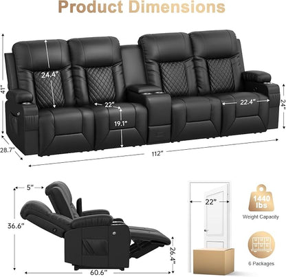 Recliner Sofa, Home Theater Seating with Center Console, 4 Seat Reclining Couch with USB Ports & Phone Holders, Wall Hugger RV Sofa Furniture Loveseat Recliner Couch with Storage & Pocket