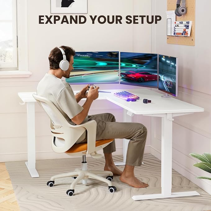 ErGear L Shaped Standing Desk, 63"x55" Electric Adjustable Height Sit Stand up Desk, Ergonomic Large Computer Table, Left & Right Interchangeable Installation, Suitable for Home Office, White
