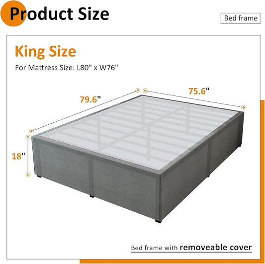 Maenizi 18 Inch King Bed Frame with Fabric Cover, Heavy Duty King Platform Bed Frame Support Up to 3000 lbs, Easy Assembly, Noise Free, Black