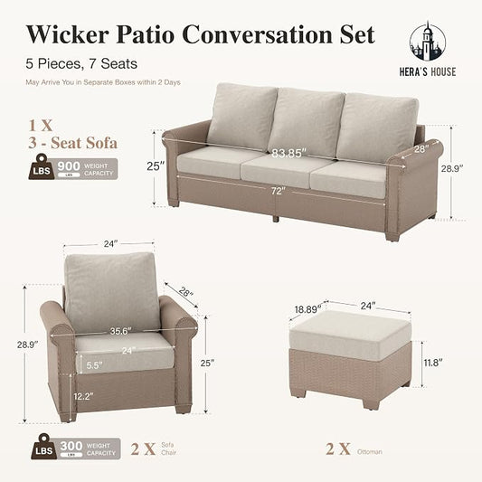 HERA'S HOUSE Patio Furniture Set, 4 x Cushioned Chairs, 3-Seat Sofa with Wood Grain Coffee Table, 5 Seats Luxury Windsor Style All Weahter Outdoor Sofa Conversation Set for Deck Lawn Backyard