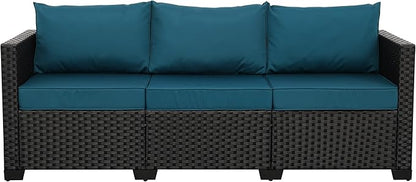 Rattan Star Outdoor Furniture Couch 3 Seater Sofa Outdoor Wicker Sofa Deep Seat High Backrest Patio Couch with Non-Slip Cushions Waterproof Cover, Peacock Blue