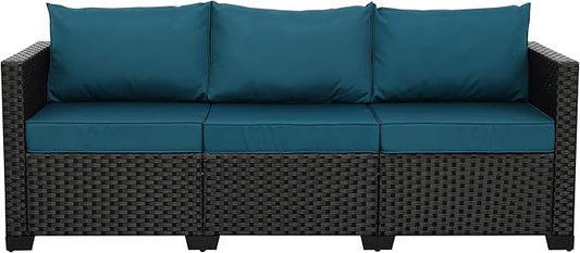 Rattan Star Outdoor Furniture Couch 3 Seater Sofa Outdoor Wicker Sofa Deep Seat High Backrest Patio Couch with Non-Slip Cushions Waterproof Cover, Peacock Blue