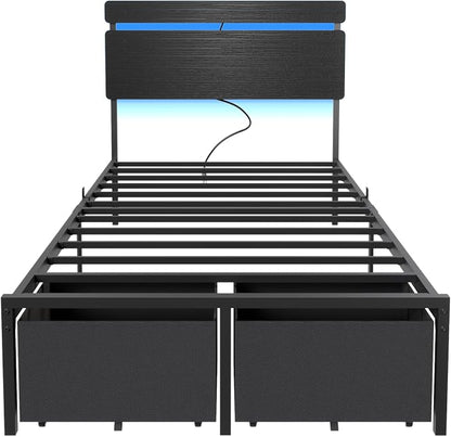 Forestell Twin Bed Frames with Wood Headboard, Black Platform Bed with 2 Storage Drawers & Shelf, Built in Charging Station & LED Lights, Metal Support, No Box Spring Needed, Camas Twin Size