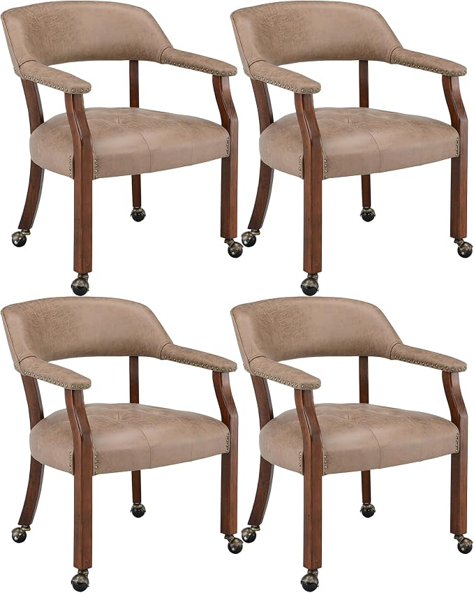 LEEMTORIG Set of 4 Dining Chairs with Casters and Arms, Rolling Dining Chairs with Wheels for Elderly, Ergonomic Wide Seat Wood Office Chair, 26" Dx25.2 W, Cherry Legs&Yellow Brown Fabric SY-1533-LT