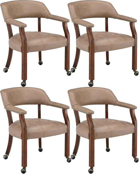 LEEMTORIG Set of 4 Dining Chairs with Casters and Arms, Rolling Dining Chairs with Wheels for Elderly, Ergonomic Wide Seat Wood Office Chair, 26" Dx25.2 W, Cherry Legs&Yellow Brown Fabric SY-1533-LT