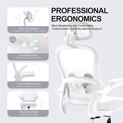 Ergonomic Office Chair,Ultra Thick Spring Cushion Desk Chair,White | Adjustable Lumbar Support and Headrest,Flip-up Arms,Rocking Function,Mesh Home Office Computer Chair