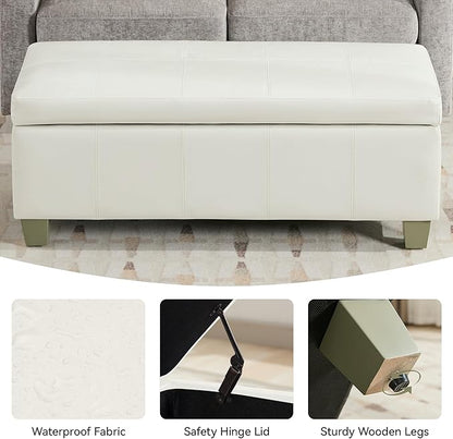 WUTUTUEE 51" Faux Leather Storage Ottoman, Stitch Tufted Rectangle Upholstered End of Bed Storage Bench, Entryway Large Couch Ottoman with Wooden Legs,White