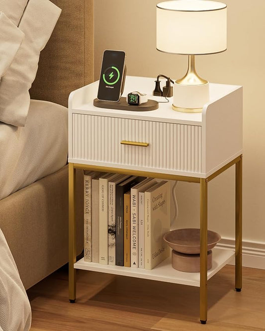 Nightstand with Charging Station, 3-Tier Bed Side Table, Small End Table, Night Stand with Open Shelf and Drawer, Bedside Table for Bedroom, Living Room, White