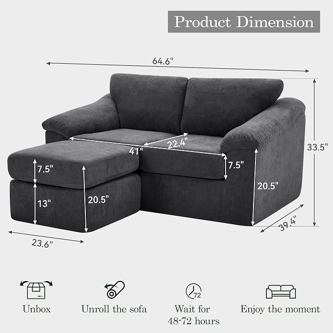 L Shaped Boneless Couch, Modern Loveseat Sofa with Ottoman, Floor Cloud Couch Sets with Extra Comfy Soft Deep Seats for Living Room, Apartment, No Assemby, Dark Gray