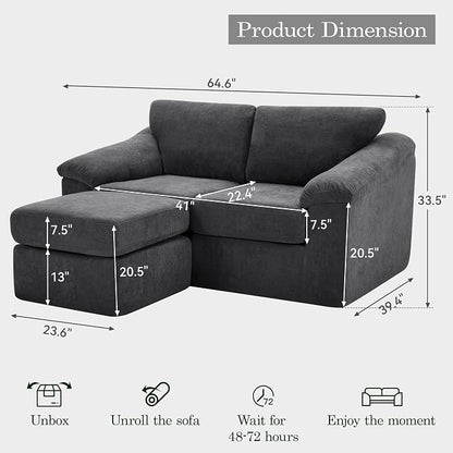 L Shaped Boneless Couch, Modern Loveseat Sofa with Ottoman, Floor Cloud Couch Sets with Extra Comfy Soft Deep Seats for Living Room, Apartment, No Assemby, Dark Gray