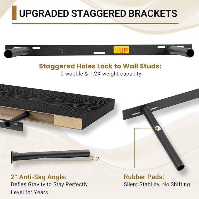 Black Floating Shelves for Wall 24 Inches Long, 12" Deep Wall Shelves 2" Thick, Heavy Duty Shelf for Bedroom, Bathroom, Living Room, Kitchen, Office, Home Decor, Modern Shelf Set of 2, 24" X 12" X 2"