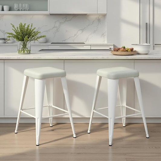 Bar Stools Set of 2, 30" Bar Height Bar Stools Backless, Upholstered Bar Stools with Metal Legs for Kitchen Island, Study Room, Cafe, White