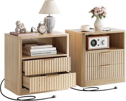 IRONCK Fluted Night Stand Set of 2, Modern Nightstand with Charging Station, Drawers and Open Shelves - Bedside Table Wood Side Table Set for Bedroom, Oak