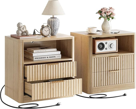IRONCK Fluted Night Stand Set of 2, Modern Nightstand with Charging Station, Drawers and Open Shelves - Bedside Table Wood Side Table Set for Bedroom, Oak