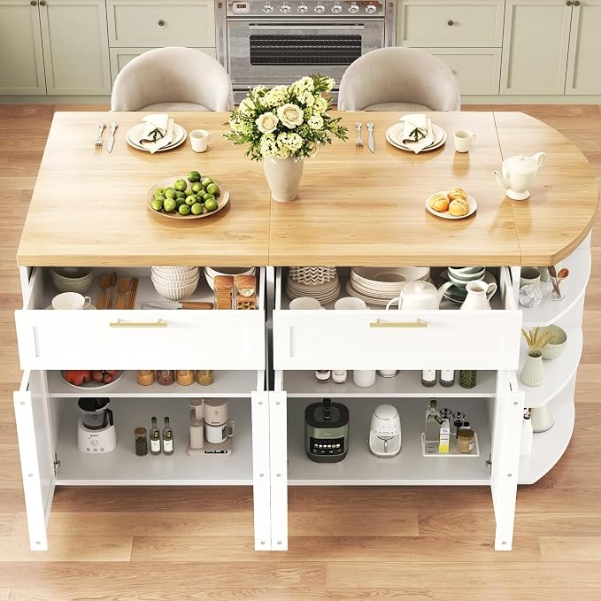 HSH 63” Large Kitchen Island with Storage & Seating, Modern Counter Height Island Table with 2 Drawers & Cabinets, 3 Oval Open Shelves, Stationary Island Prep Table for Kitchen Dining Room, Light Oak