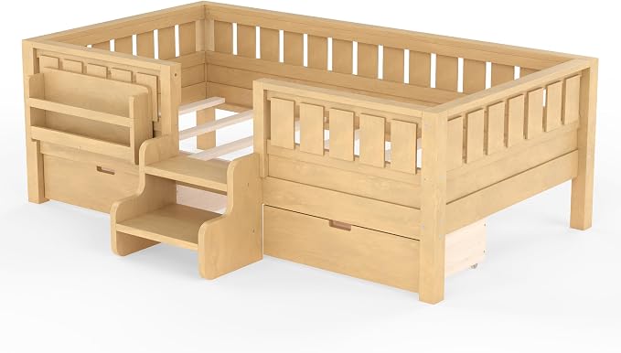 Bellemave Twin Size Kids Montessori Bed with Stairs and Bookshelf,Solid Wood Twin Size Kids Bed Frame with Drawers and Storage for Girls Boys,Low-Profile,Light Natural