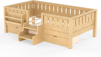 Bellemave Twin Size Kids Montessori Bed with Stairs and Bookshelf,Solid Wood Twin Size Kids Bed Frame with Drawers and Storage for Girls Boys,Low-Profile,Light Natural