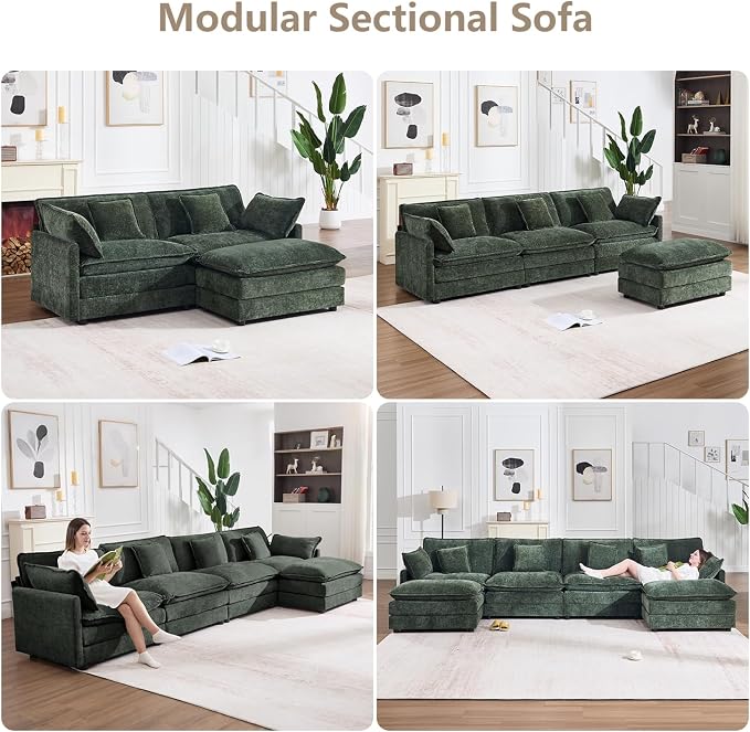 147" Modular Sectional Sofa, Oversized U Shaped Sectionals Cloud Couch, Big Comfy Couch with 2 Ottomans, 6 Seater Chenille Sectional Sofa with Deep Seat and 6 Pillows for Living Room- Green