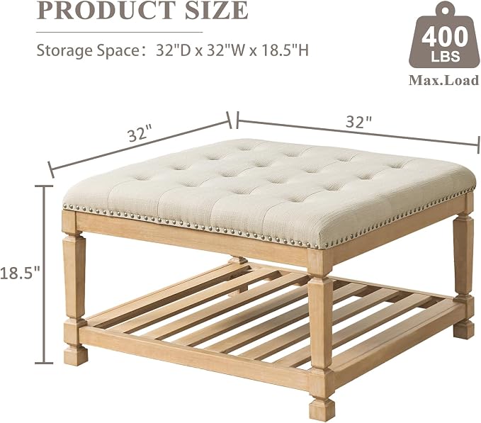 Befurtori Large Square Ottoman Coffee Table, Linen Solid Upholstered Footrest Ottoman with Solid Wood Shelf Storage Tufted Coffee Table for Bedroom Living Room-Ivory
