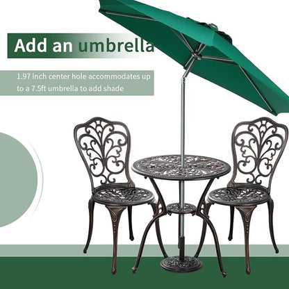 3 Piece Patio Set Outdoor Bistro Set,Cast Aluminum Bistro Table and Chairs Set of 2 with Umbrella Hole,All Weather Patio Bistro Sets for Front Porch Set Garden,Backyard(Brown)