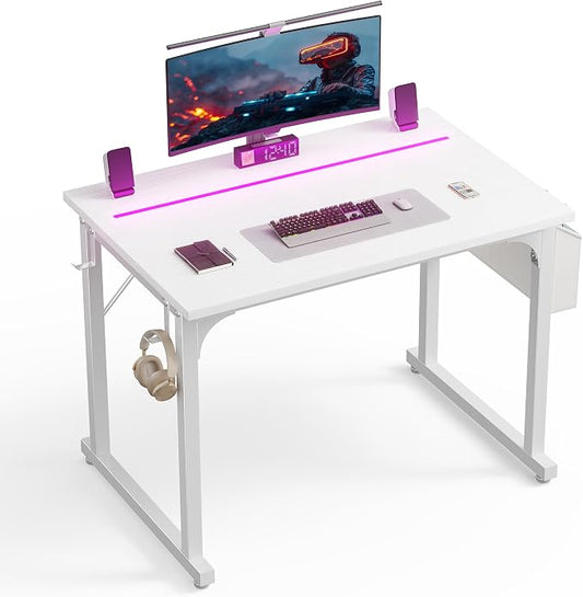 DurayLoly 32" Computer Desk with Waterproof LED Lights,Bedroom Study Desk for Teens, Dorm Room Essentials,Headphone Hook&Storage Bag for Small Spaces,Sturdy Metal Frame,White