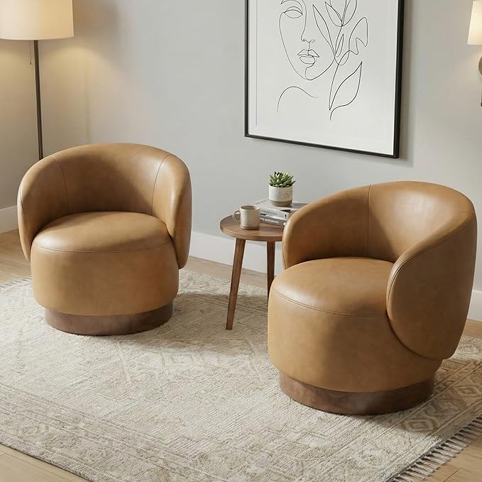 KISLOT Swivel Accent Chair Modern Round Barrel Armchair with Upholstered Faux Leather for Living Room Bedroom Waitingroom,1 Box,Brown