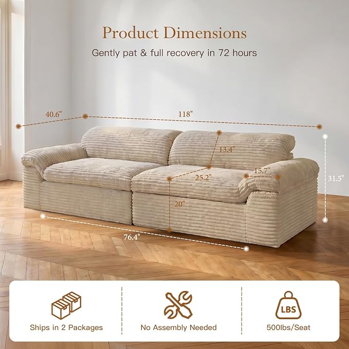 Vesgantti 118" Boneless Couches for Living Room, Cloud Sectional Couch & Deep Seat, 3 Seater Comfy Corduroy Modular Sofa, Modern Slouch Couch, No Assembly Required, Beige