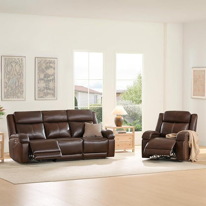 Watson & Whitely Genuine Leather Power Recliner Sofa, 3 Seater Wall Hugger Reclining Sofas with Power Headrest, USB & TypeC Ports, Electric Recliner Couch Set for Living Room, Dark Brown