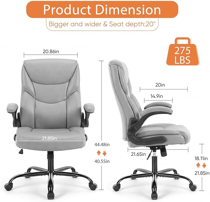 Sweetcrispy Office Computer Gaming Chair Set of 2, Ergonomic High Back Heavy Duty Task Desk Office Chairs with Wheels, Flip-up Arms, Adjustable Height, PU Leather, Grey