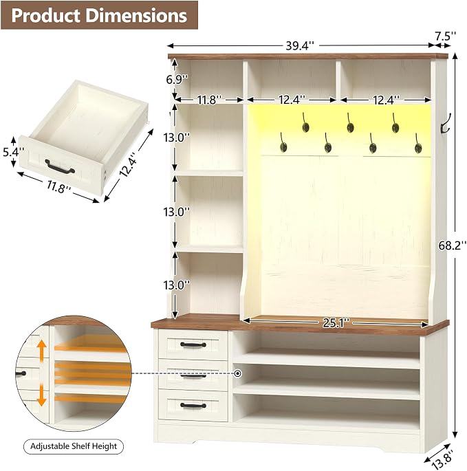 TVU Storage Hall Tree with Bench & 3 Drawers, 22-in-1 Coat Rack With 9 Coat Hooks, Farmhouse Entryway Bench With 9 Open Shelves for Hallway, Entryway (Hall Tree)