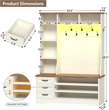 TVU Storage Hall Tree with Bench & 3 Drawers, 22-in-1 Coat Rack With 9 Coat Hooks, Farmhouse Entryway Bench With 9 Open Shelves for Hallway, Entryway (Hall Tree)