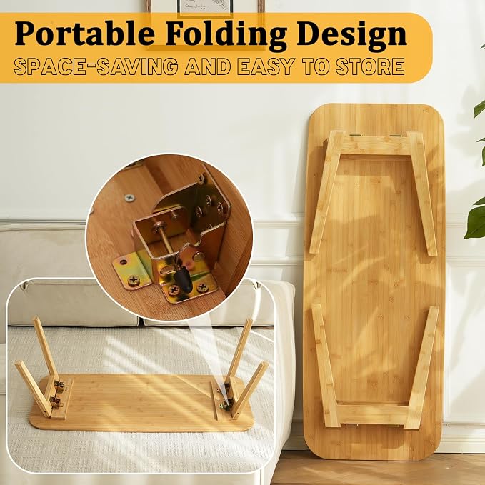 Baveke Folding Coffee Table- Foldable Floor Tables, Mid Century Coffee Table for Living Room, Small Coffee Tables Solid Wood Japanese Low Table for Sitting on Floor, No Assembly, 47.2''-Natural