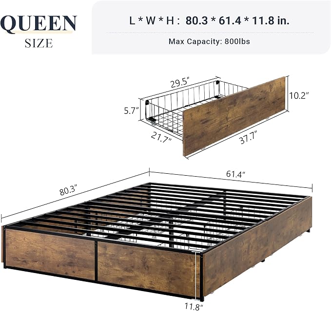 Allewie Industrial Storage Bed with Drawers, Wooden Metal Platform, Sturdy & Noise-Free, Modern Queen Size for Bedroom & Apartment