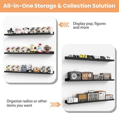 upsimples Floating Shelves for Wall, 47.3 Inch Shelves for Decor Storage Set of 6, Wall Mounted Wood Shelf for Bedroom, Living Room, Bathroom, Kitchen, Long Picture Ledge Shelves, Black