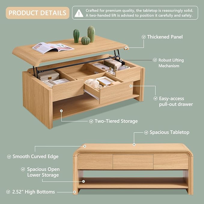 Aitjunz 47" Lift Top Coffee Table with Storage, Modern Coffee Table with Pull-Out Drawer and Two-Tier Storage, Rectangle Wood Center Table w/Curved Profile Design for Living Room, Natural