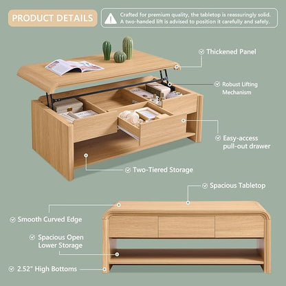 Aitjunz 47" Lift Top Coffee Table with Storage, Modern Coffee Table with Pull-Out Drawer and Two-Tier Storage, Rectangle Wood Center Table w/Curved Profile Design for Living Room, Natural