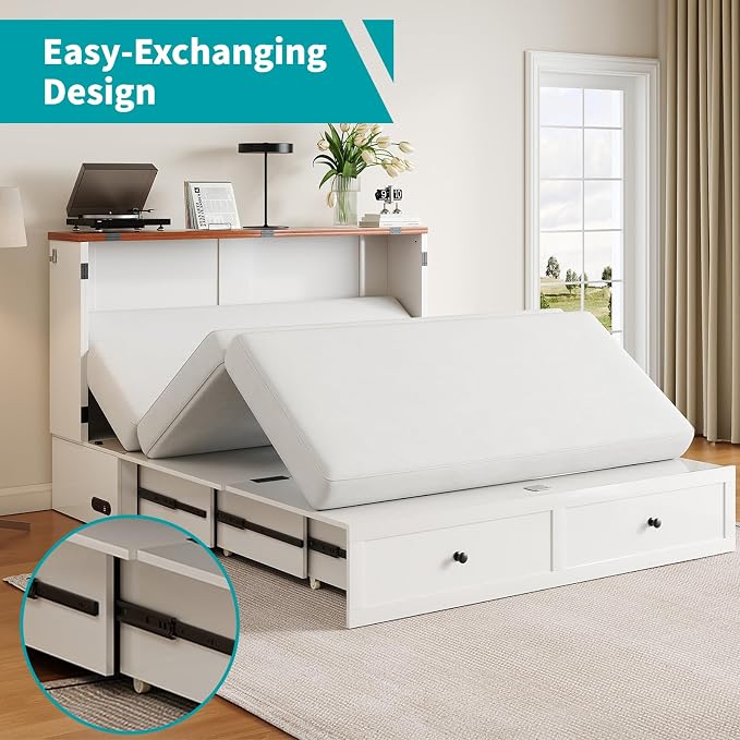 BALUS Queen Size Murphy Bed, 64" W Cabinet Bed with USB Charging Station & Storage Drawer, Queen Cabinet Beds for Living Room, Apartment, Home Office, Bedroom, White-Brown