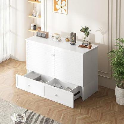 PUREMIND Queen Murphy Bed with Mattress Included, Murphy Bed Cabinet with Storage Drawer, Charging Station, Headboard, Space Saving Wall Beds for Guest Room